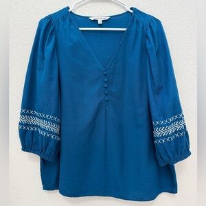 Elizabeth and James Blue V-Neck Blouse, puff sleeves, embroidery, button detail